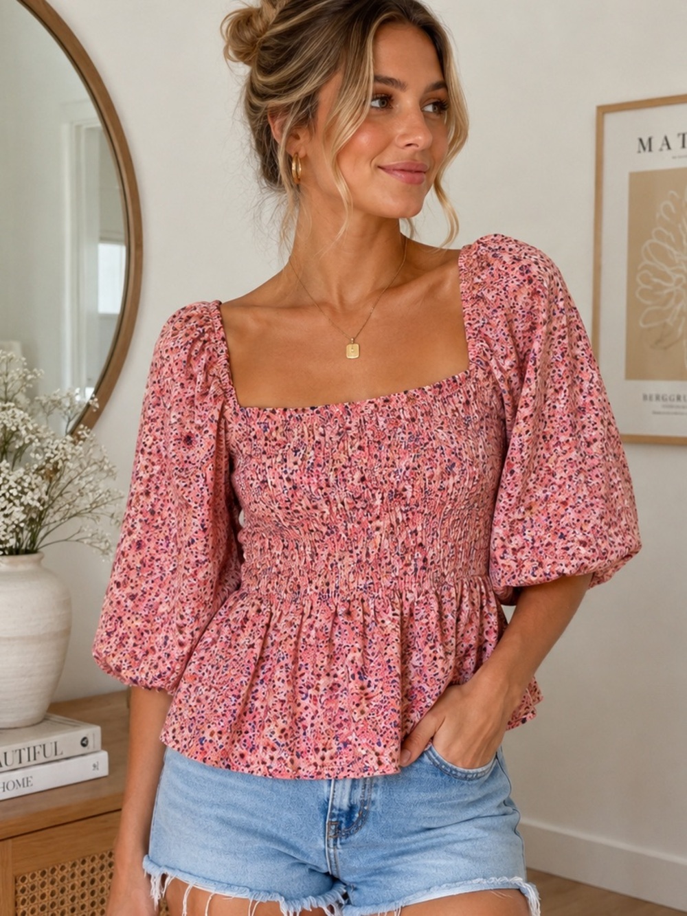 Vero Moda XS Pink Floral Smocked Puff Sleeve Peplum Top Coquette Cottagecore